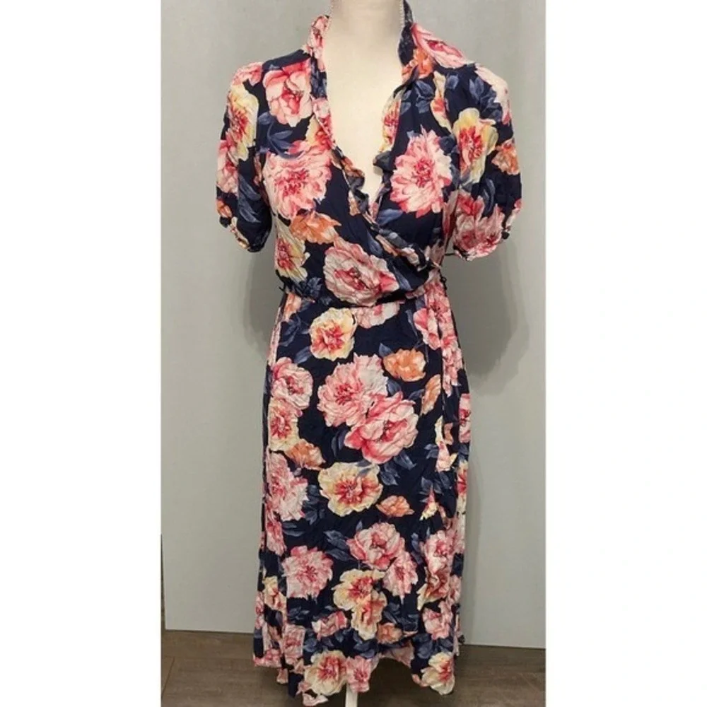 Old Navy Womens Floral Print Navy Blue Midi‎ Wrap Dress Size S